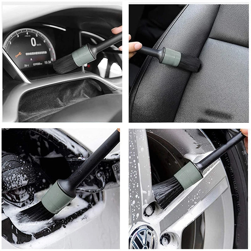 5 Pcs Natural Boars Hair Detailing Brush Set Auto Cleaning Interior Exterior Wheels Tires Leather Detail Brsushes Tool Kit